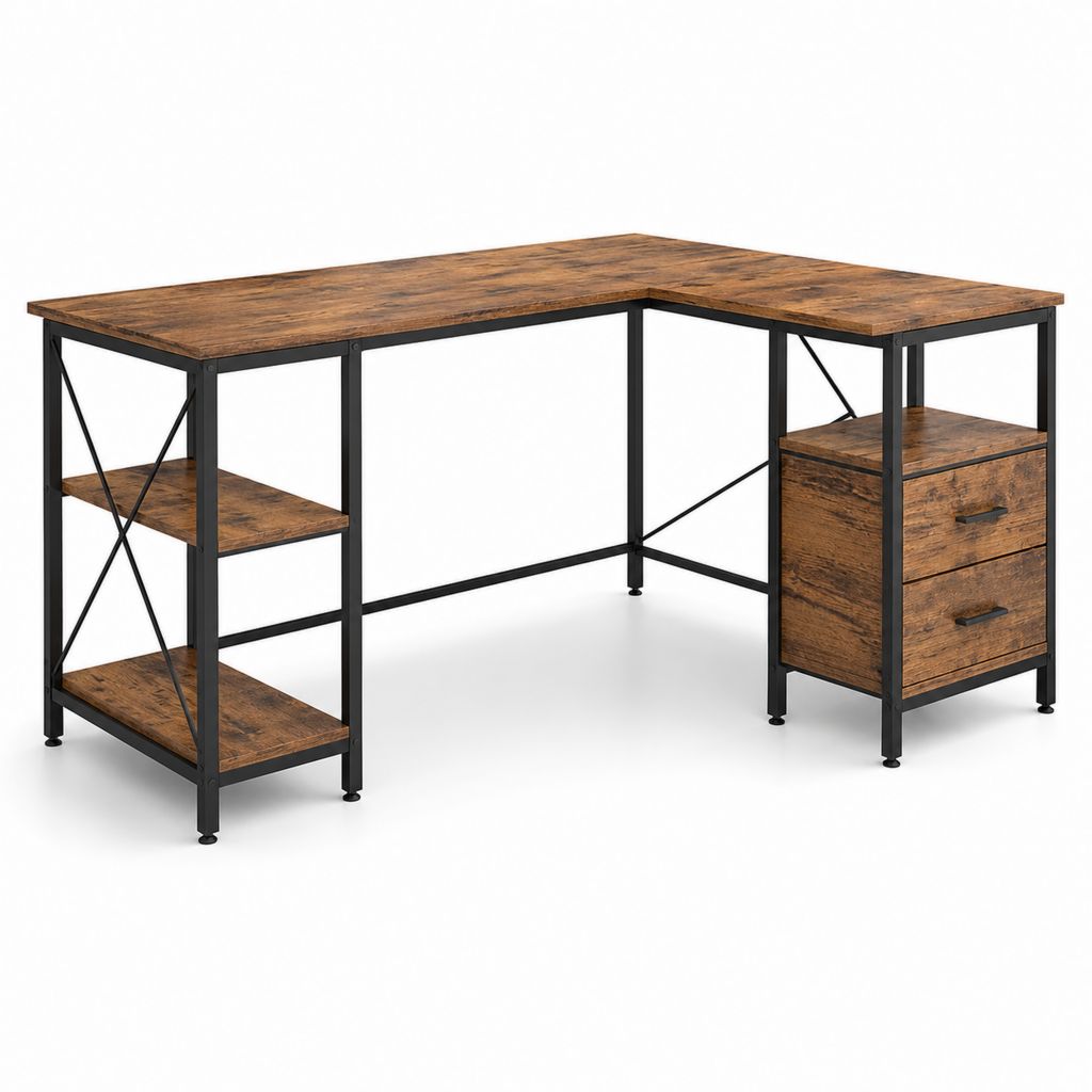 Bureau d'angle avec 2 tiroirs et 2 étagères marron rustique noir en panneaux de particules et acier 140 x 140 x 75 cm