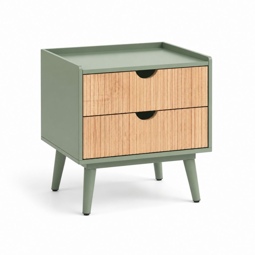 Table de chevet 2 tiroirs vert sauge et décor chêne MDF rectangulaire 40 x 35 x 55 cm