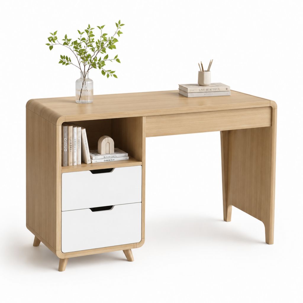 Bureau informatique avec rangements chêne clair et blanc en MDF plaqué chêne 120 x 60 x 75 cm