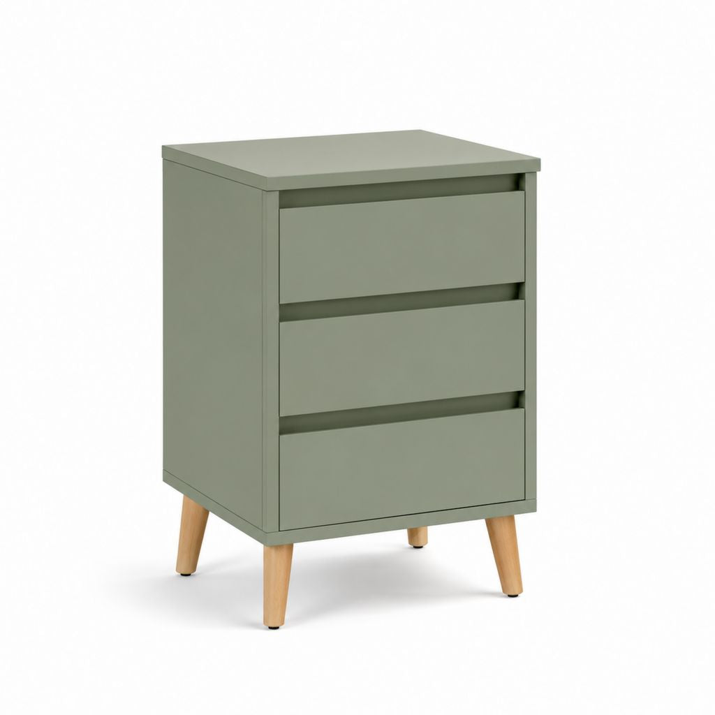 Table de chevet 3 tiroirs vert sauge en panneaux MDF et pieds en bois massif 40 x 35 x 60 cm