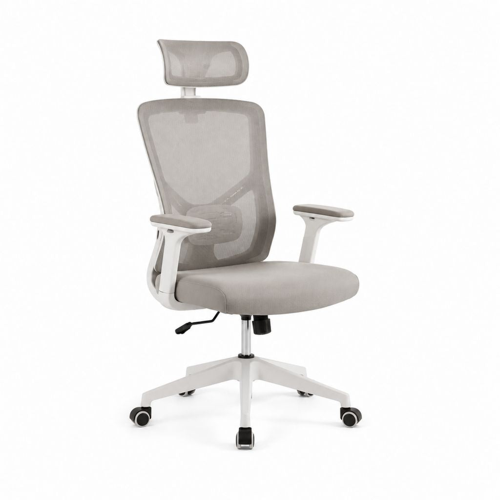Chaise de bureau ergonomique grise en maille polyester avec appui-tête 65 x 65 x 114-124 cm