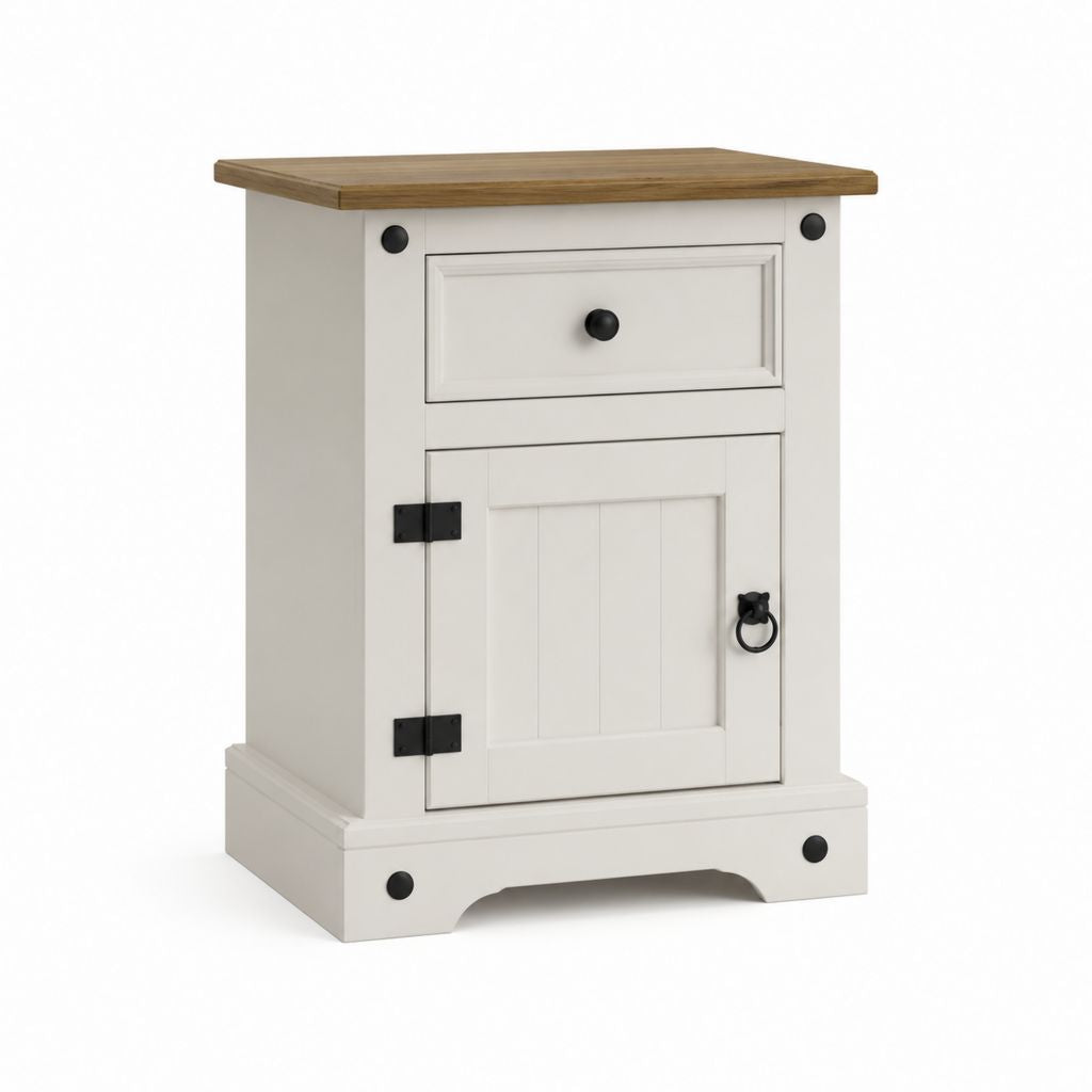 Table de chevet blanche en MDF avec plateau décor chêne rectangulaire 50 x 40 x 60 cm