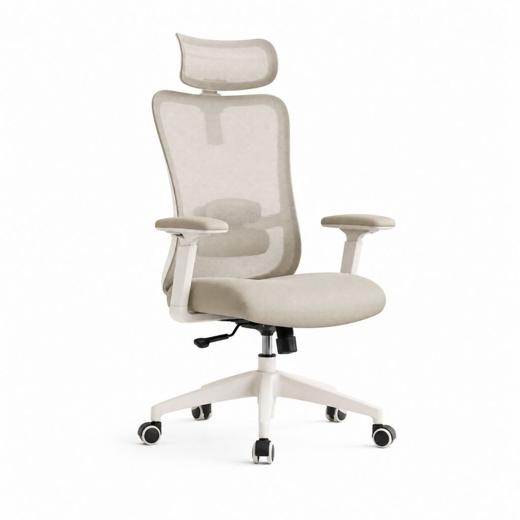 Chaise de bureau ergonomique beige en maille polyester avec appui-tête 65 x 65 x 118-128 cm
