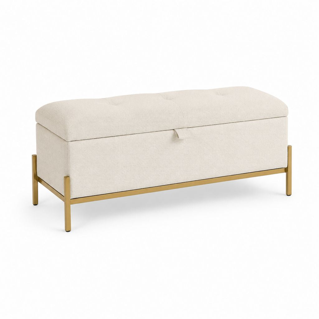 Banc de bout de lit coffre beige en polyester et acier rectangulaire 100 x 40 x 45 cm