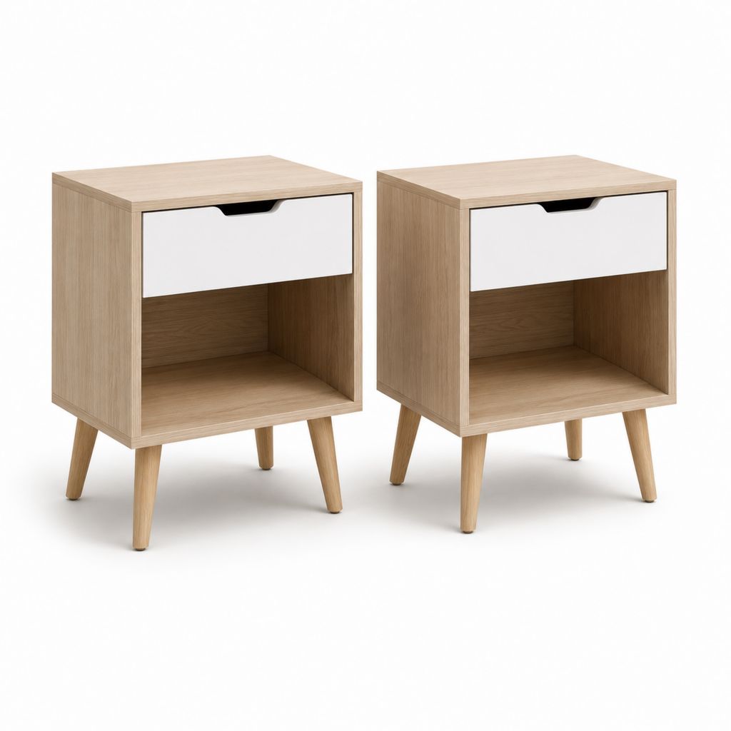 Lot de 2 tables de chevet scandinaves chêne clair et blanc en panneaux de particules 40 x 35 x 55 cm