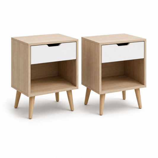 Lot de 2 tables de chevet scandinaves chêne clair et blanc en panneaux de particules 40 x 35 x 55 cm