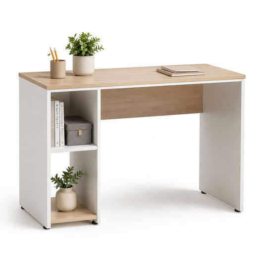 Bureau droit avec étagères blanc et chêne clair en panneaux de particules mélaminés 100 x 50 x 75 cm