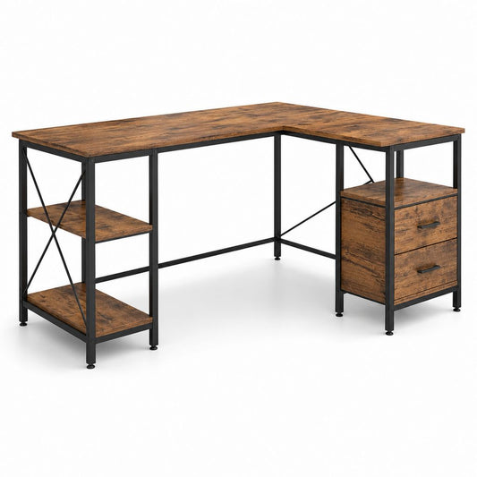 Bureau d'angle avec 2 tiroirs et 2 étagères marron rustique noir en panneaux de particules et acier 140 x 140 x 75 cm