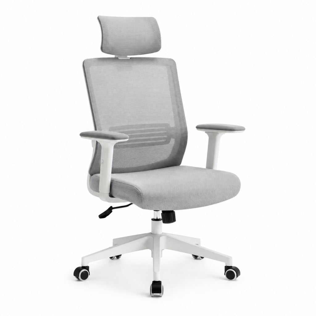 Chaise de bureau ergonomique grise en maille polyester avec appui-tête 65 x 65 x 117-127 cm