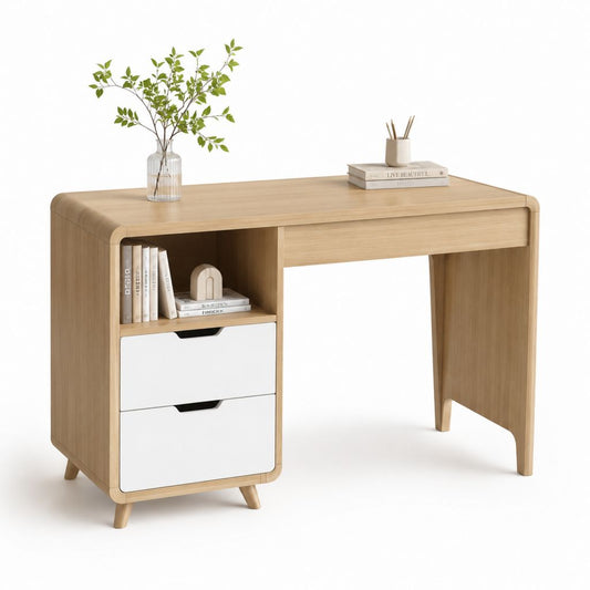 Bureau informatique avec rangements chêne clair et blanc en MDF plaqué chêne 120 x 60 x 75 cm