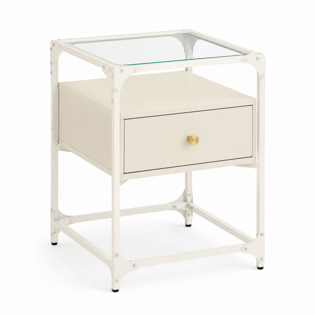 Table de chevet avec tiroir blanc en acier et verre rectangulaire 50 x 40 x 65 cm