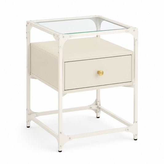 Table de chevet avec tiroir blanc en acier et verre rectangulaire 50 x 40 x 65 cm