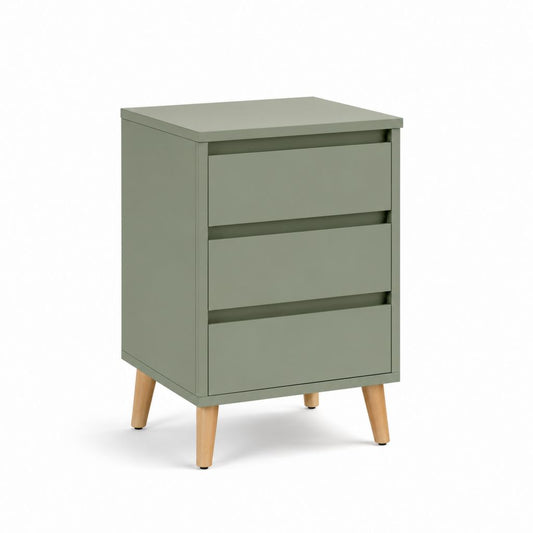 Table de chevet 3 tiroirs vert sauge en panneaux MDF et pieds en bois massif 40 x 35 x 60 cm