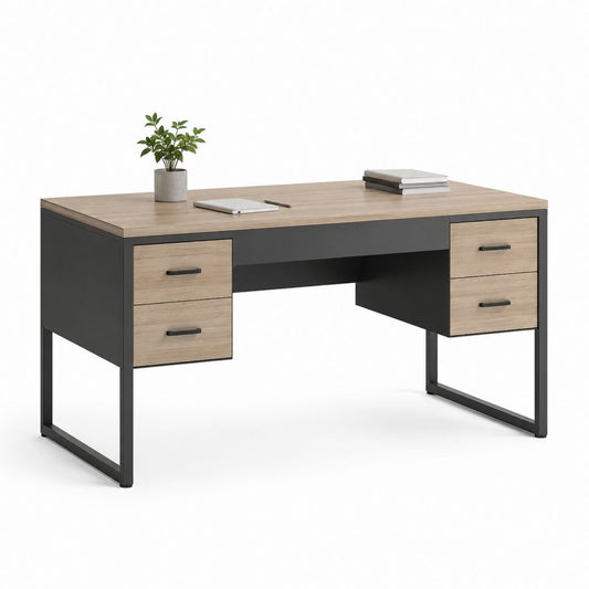 Bureau droit 4 tiroirs chêne clair et noir en panneaux MDF mélaminés 160 x 70 x 75 cm