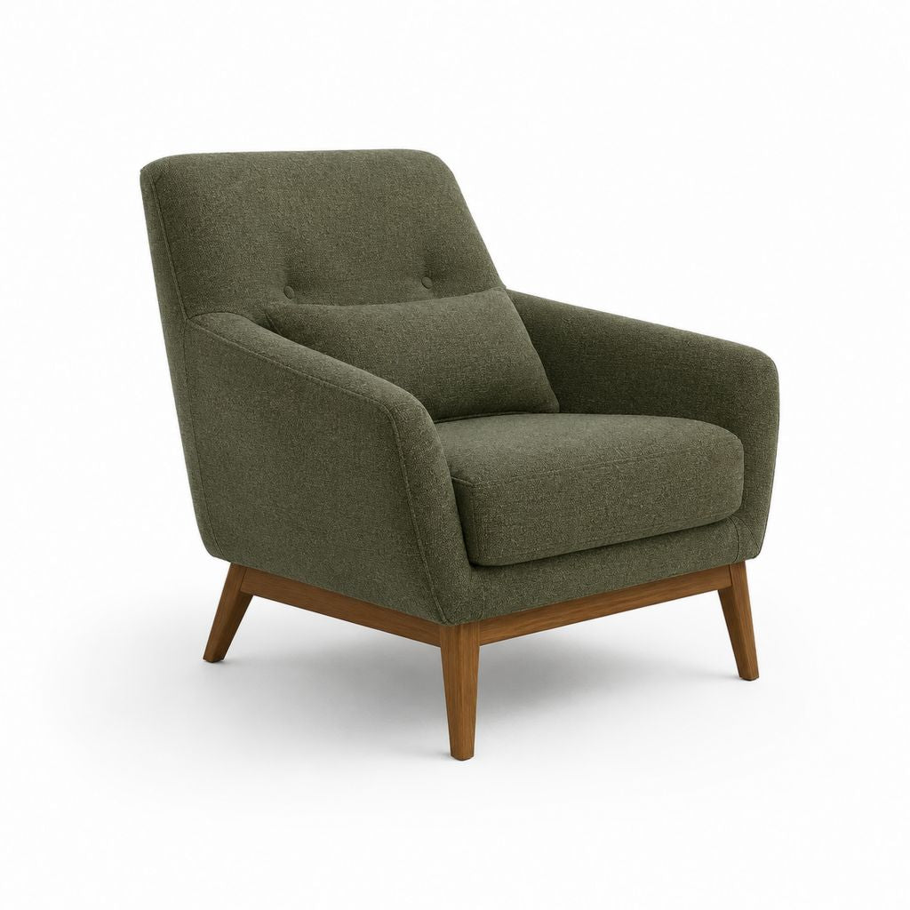 Fauteuil lounge forme enveloppante vert olive en polyester et hévéa massif 76 x 82 x 92 cm