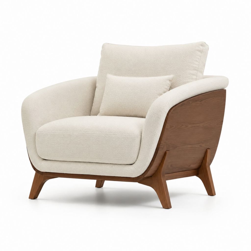 Fauteuil de salon crème en polyester bouclé avec structure en bois de noyer 88 x 82 x 86 cm