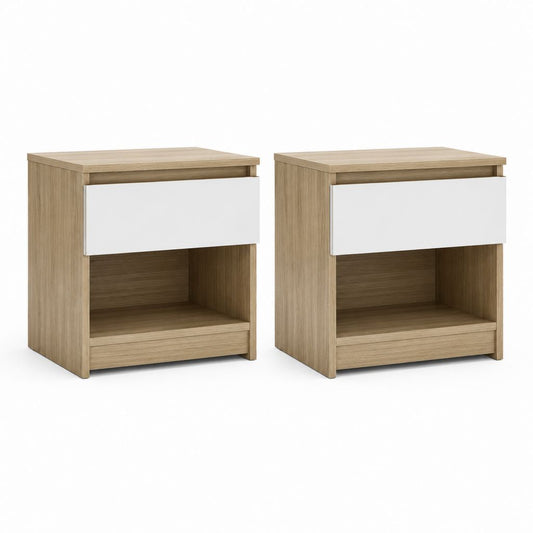 Lot de 2 tables de chevet rectangulaires chêne clair et blanc en panneaux de particules 40 x 35 x 55 cm