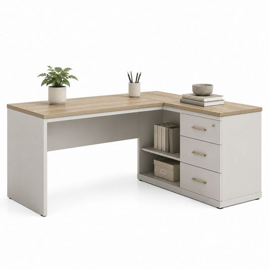 Bureau d'angle avec rangement blanc et chêne clair en panneaux de particules 160 x 120 x 75 cm