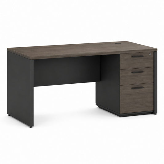 Bureau droit avec caisson 3 tiroirs verrouillable brun foncé et noir en panneaux de particules 160 x 80 x 74 cm