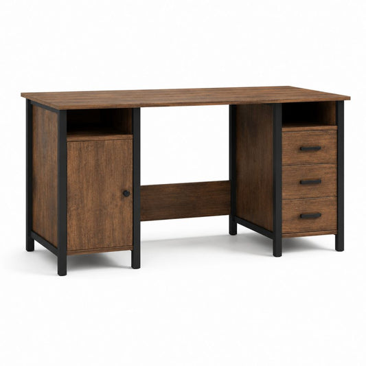 Bureau informatique avec rangement marron et noir en panneaux de particules et acier 120 x 60 x 75 cm