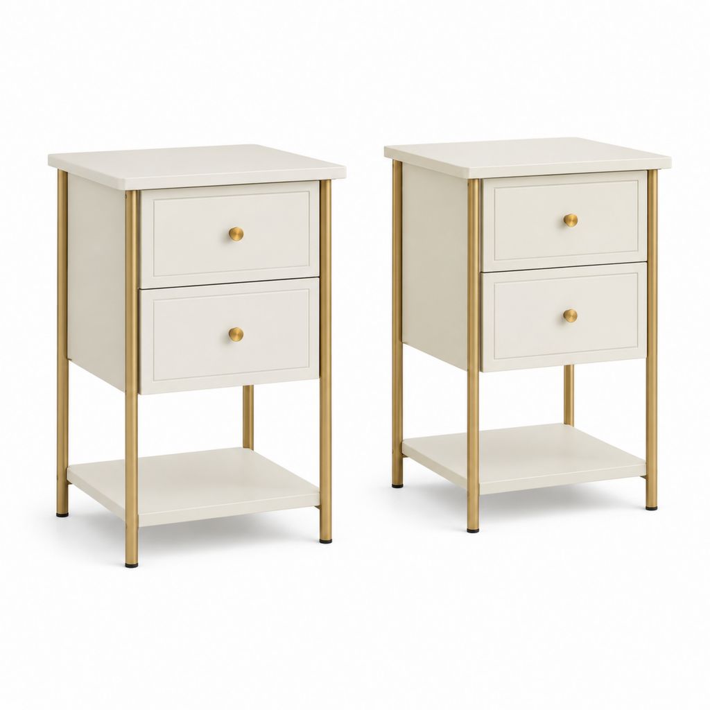 Lot de 2 tables de chevet rectangulaires crème en panneaux MDF et acier 40 x 35 x 60 cm avec 2 tiroirs