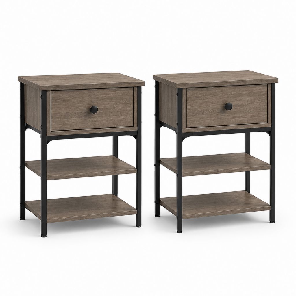 Lot de 2 tables de chevet marron et noir en MDF et acier avec tiroir 40 x 40 x 60 cm