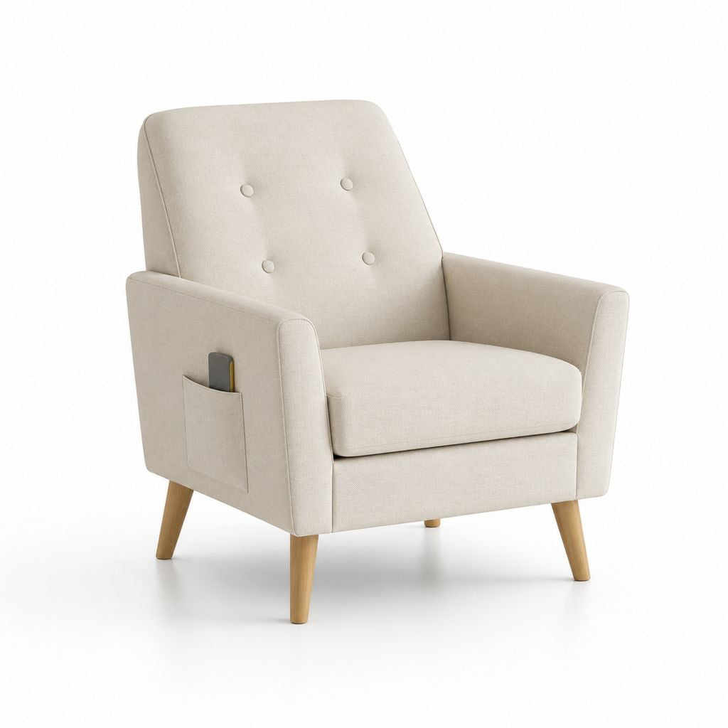 Fauteuil de salon droit beige en polyester avec poche latérale et pieds en hévéa massif 78 x 80 x 92 cm