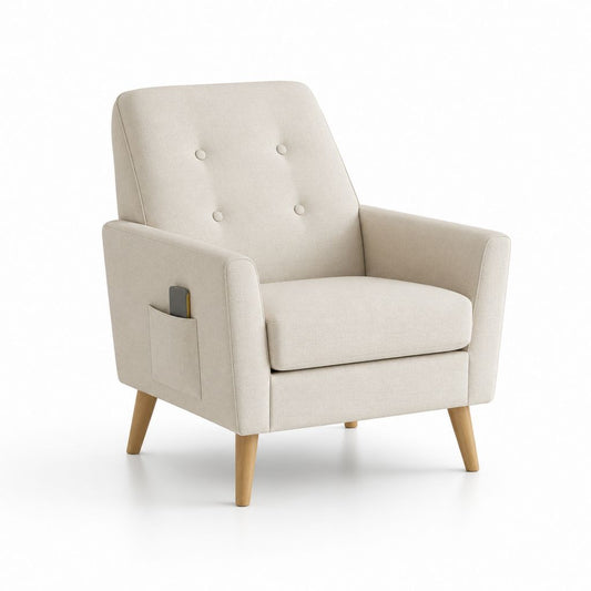 Fauteuil de salon droit beige en polyester avec poche latérale et pieds en hévéa massif 78 x 80 x 92 cm
