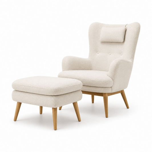 Fauteuil à oreilles avec repose-pieds écru en polyester bouclé et bois massif 75 x 85 x 105 cm