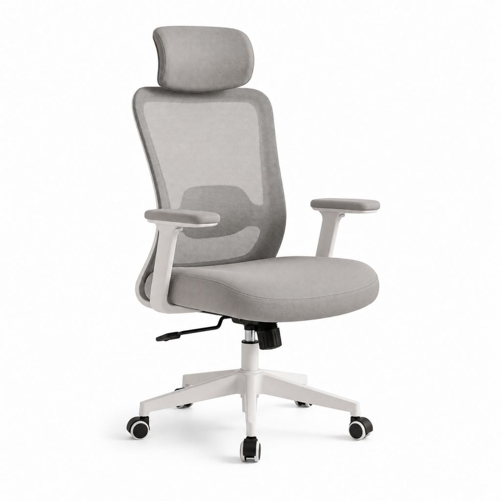 Chaise de bureau ergonomique grise en maille polyester avec appuie-tête 64 x 64 x 116-126 cm