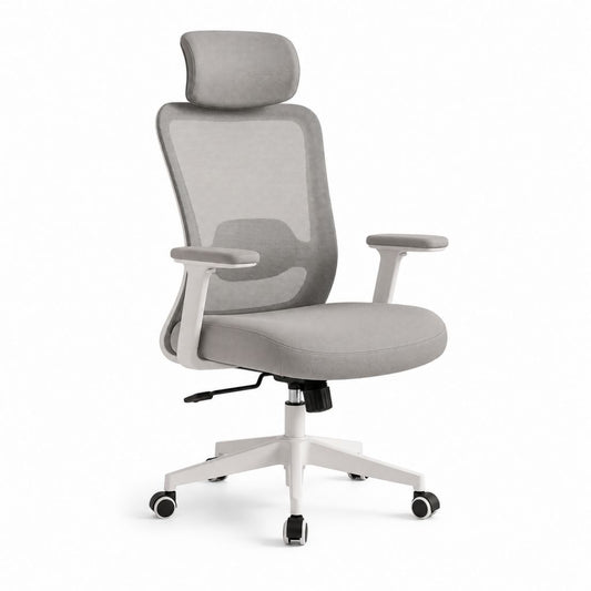 Chaise de bureau ergonomique grise en maille polyester avec appuie-tête 64 x 64 x 116-126 cm