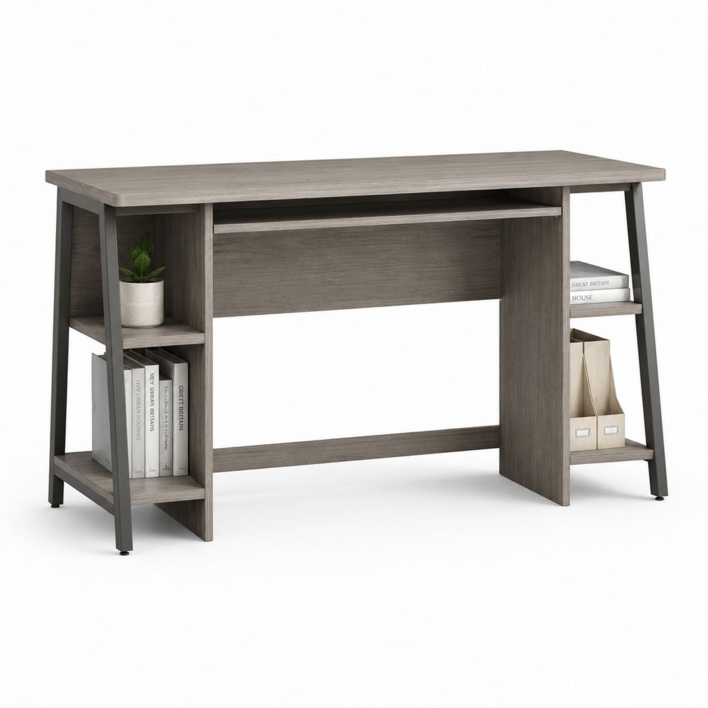Bureau droit avec étagères gris chêne en panneaux de particules et acier 120 x 60 x 75 cm