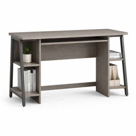 Bureau droit avec étagères gris chêne en panneaux de particules et acier 120 x 60 x 75 cm