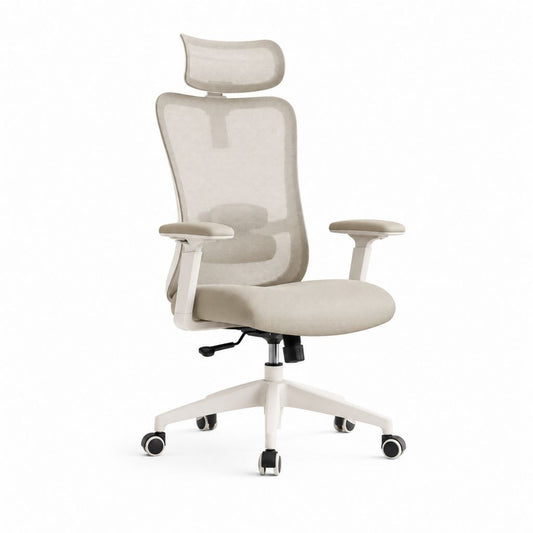 Chaise de bureau ergonomique beige en maille polyester avec appui-tête 65 x 65 x 118-128 cm